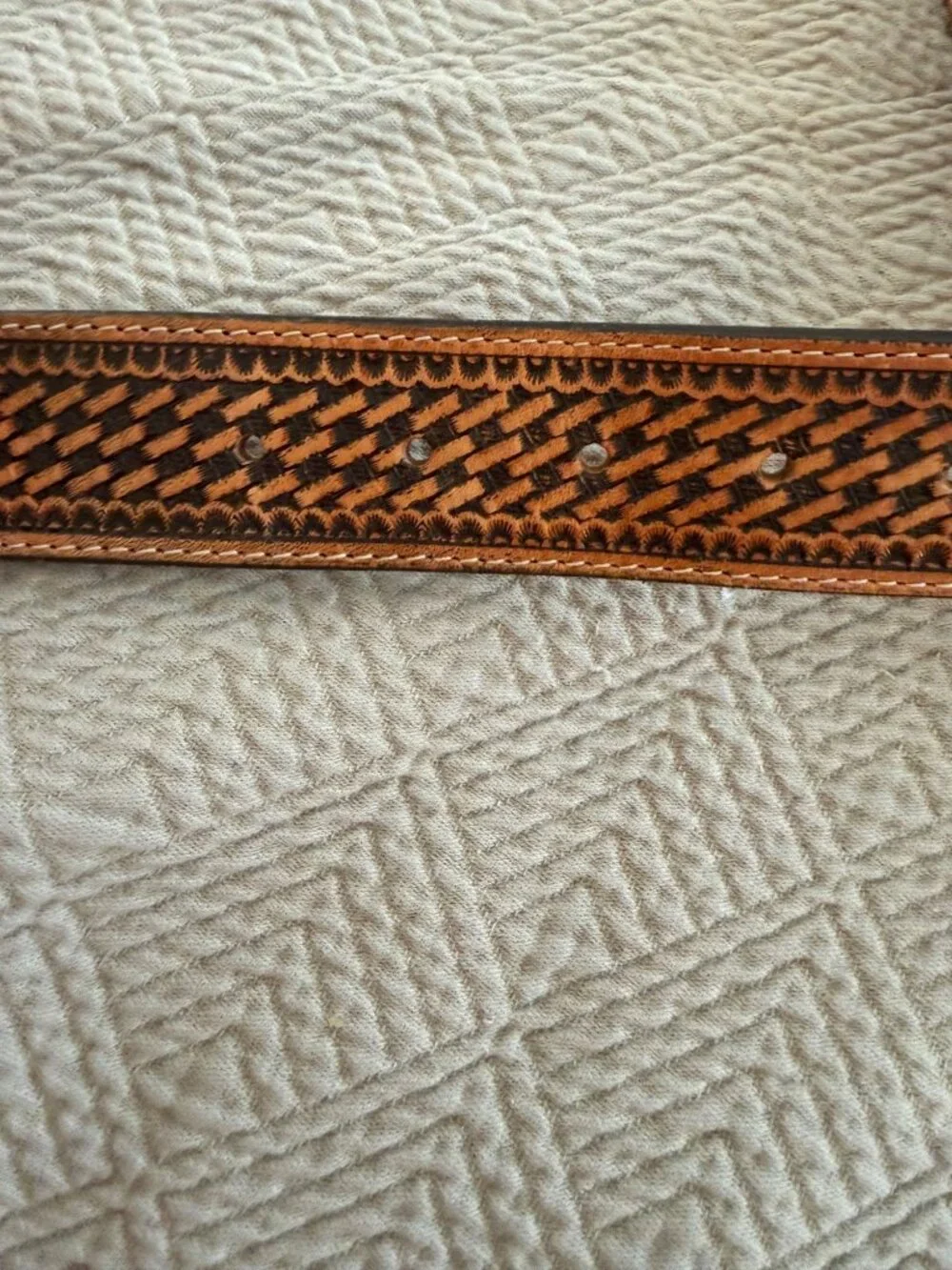 Justin Mens Bronco Weave Leather Western Style Belt Size 38 Tan Brown Casual USA